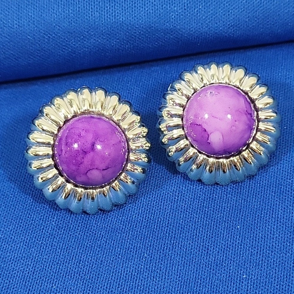 Vintage 80s Costume Jewelry Statement Earrings Silver-tone Purple Faux Amethyst